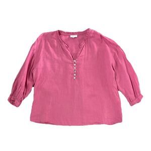 J Jill Love Linen Ruffle Neck Button Tunic Blouse 100% Linen Pink Women’s PS